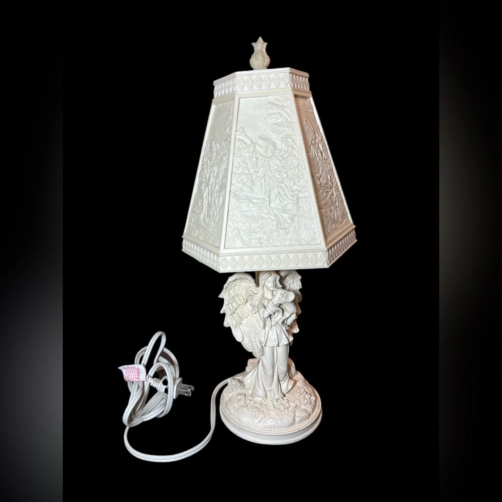 Vintage Angel Table Lamp Cream White Relief Shade Cherub Base Cottage Decor
